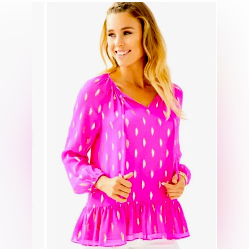 Lilly Pulitzer hot pink blouse with metallic gold embellishment